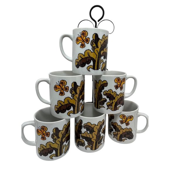 70's Retro Vintage Boho Groovy Butterfly Coffee Mug Set of 6 with Hanger - Picture 1 of 5